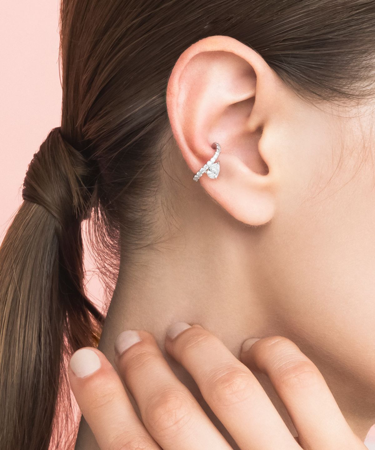 〈Fleur Éternelle〉Pear-Shape Diamond & Curve Line Ear Cuff - 受注生産